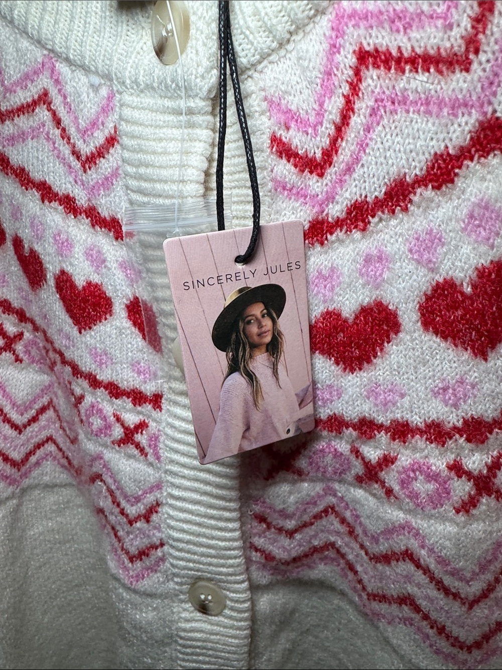NWT Sincerly Jules Cream Cardigan with Pink & Red Heart Fair Isle size M - Picture 4 of 7